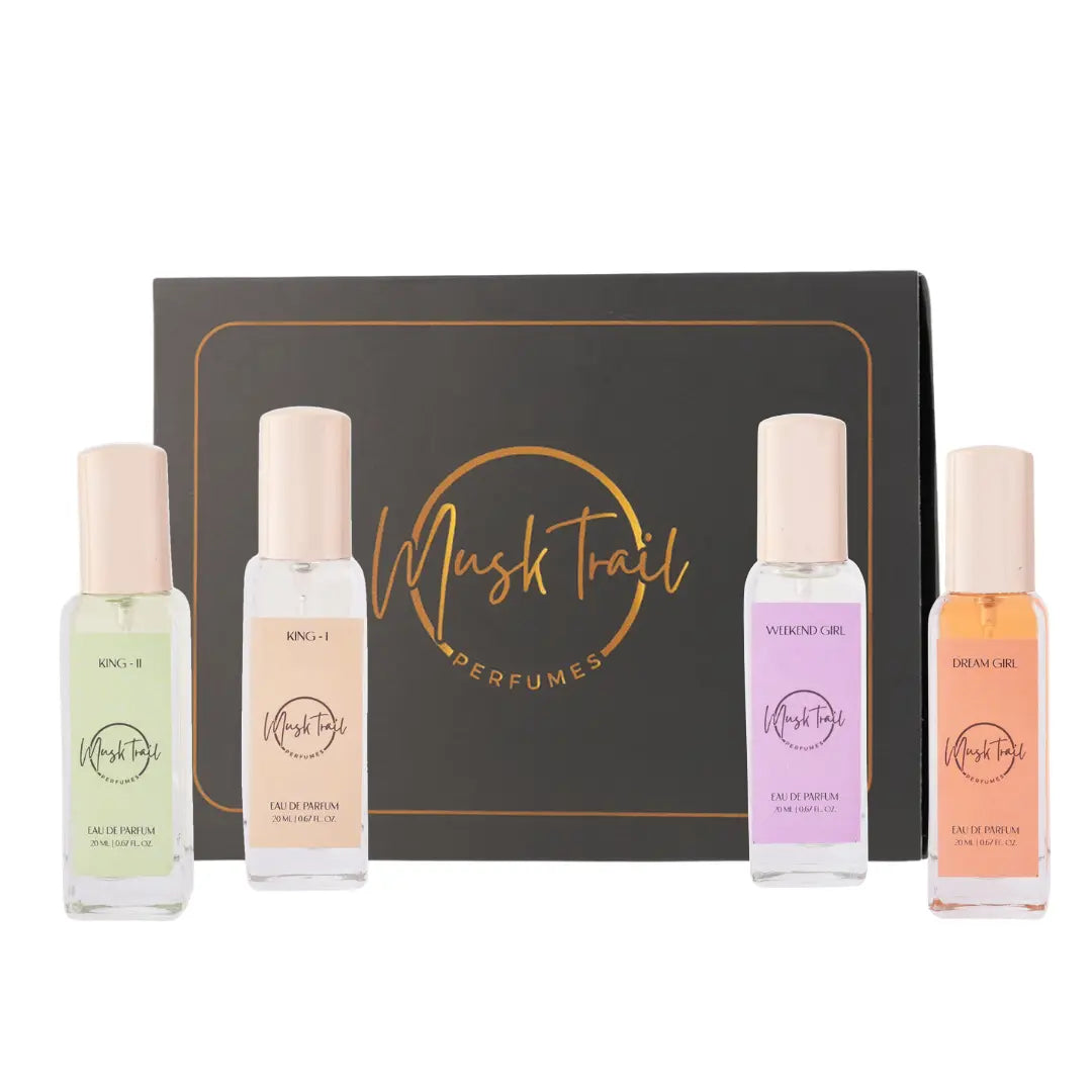 Luxury Perfume Discovery | 20 ML Set of 4 | The Trail Duo — a curated gift set featuring 2 signature perfumes for men and 2 for women | Compact & Travel Friendly